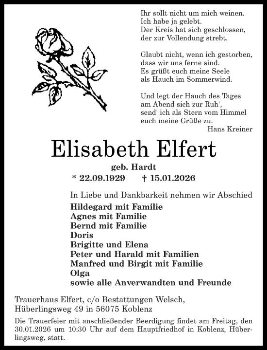 Traueranzeige von Elisabeth Elfert von Rhein-Zeitung