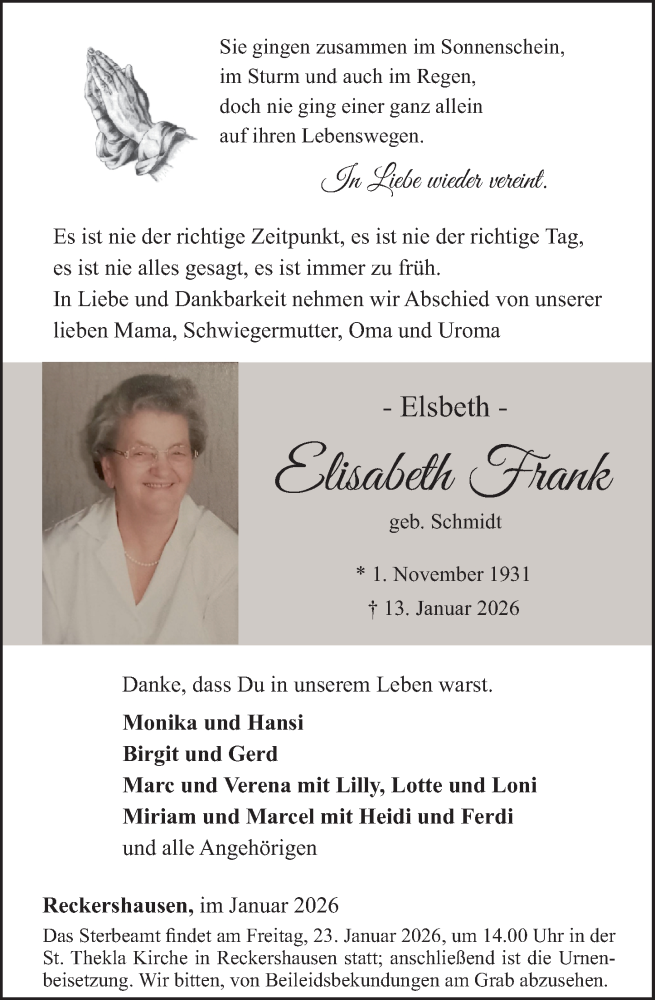  Traueranzeige für Elisabeth Frank vom 17.01.2026 aus Rhein-Hunsrück-Zeitung