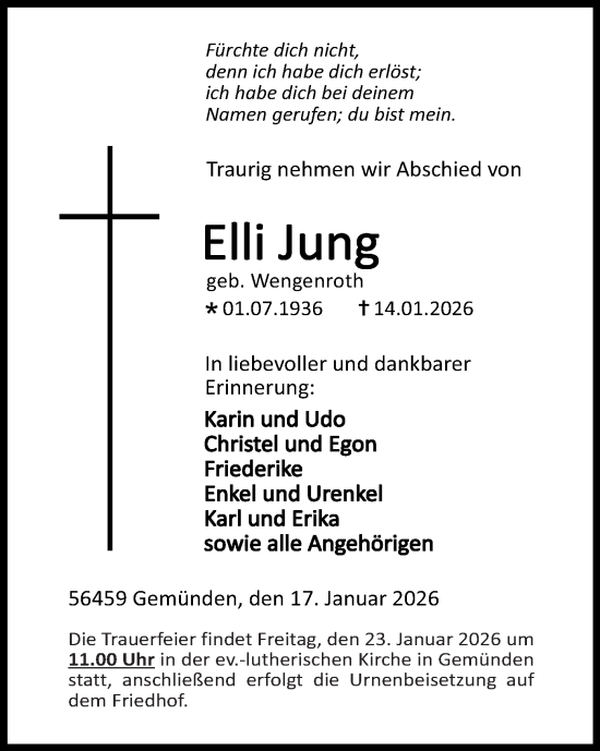 Traueranzeige von Elli Jung von Westerwälder Zeitung