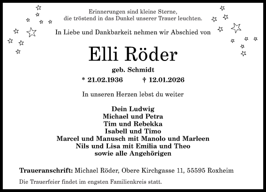 Traueranzeige von Elli Röder von Oeffentlicher Anzeiger