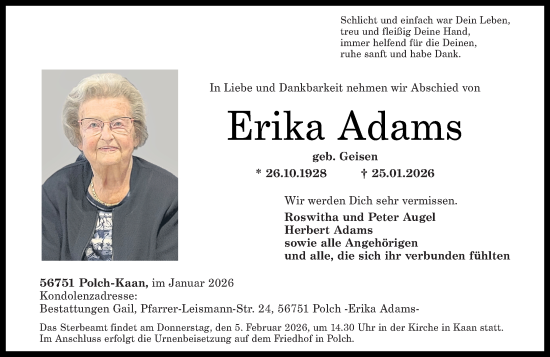 Traueranzeige von Erika Adams von Rhein-Zeitung