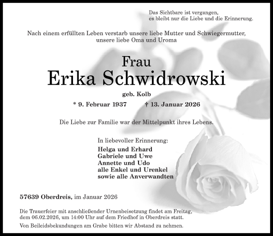 Traueranzeige von Erika Schwidrowski von Rhein-Zeitung