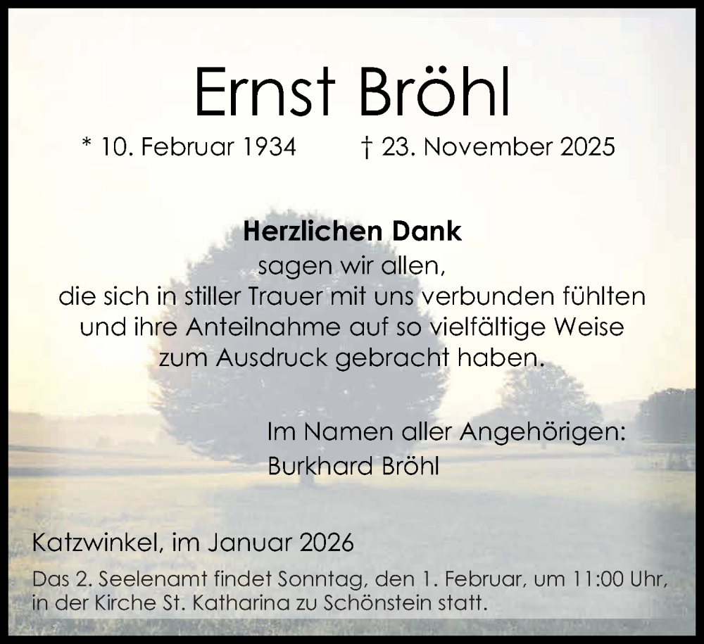  Traueranzeige für Ernst Bröhl vom 24.01.2026 aus Rhein-Zeitung
