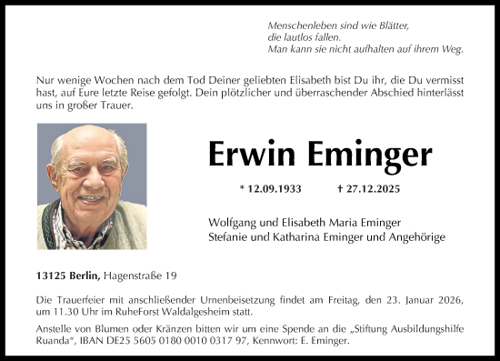 Traueranzeige von Erwin Eminger von Oeffentlicher Anzeiger