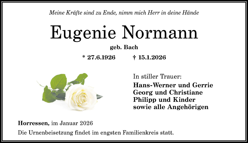  Traueranzeige für Eugenie Normann vom 24.01.2026 aus Westerwälder Zeitung