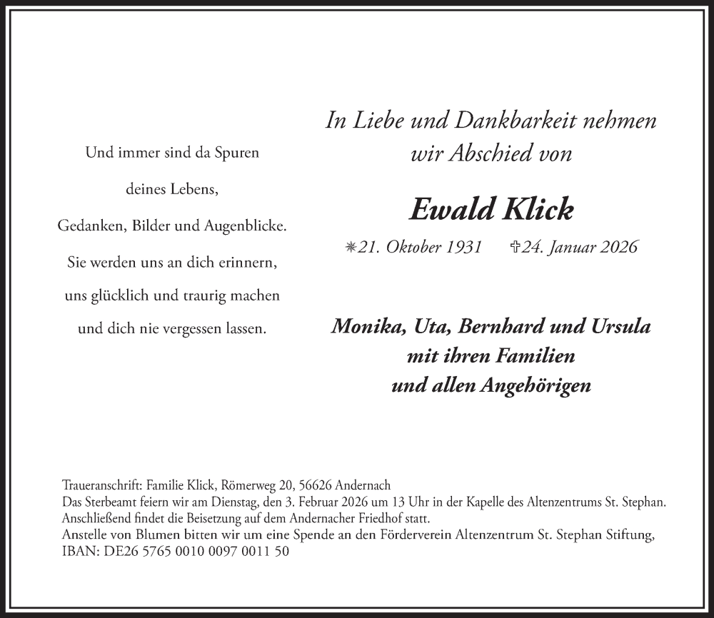  Traueranzeige für Ewald Klick vom 31.01.2026 aus Rhein-Zeitung