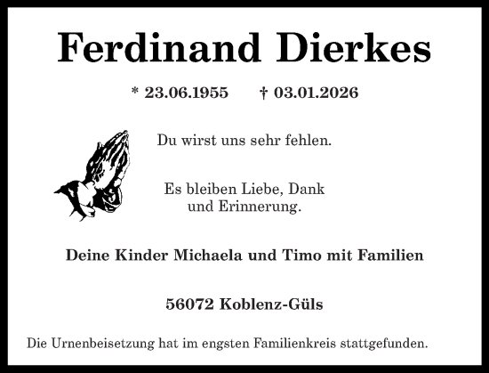 Traueranzeige von Ferdinand Dierkes von Rhein-Zeitung