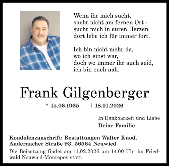 Traueranzeige von Frank Gilgenberger von Rhein-Zeitung