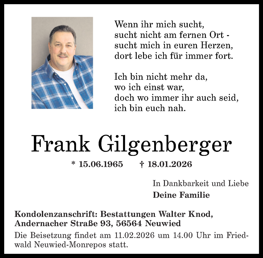  Traueranzeige für Frank Gilgenberger vom 30.01.2026 aus Rhein-Zeitung