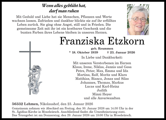 Traueranzeige von Franziska Etzkorn von Rhein-Zeitung