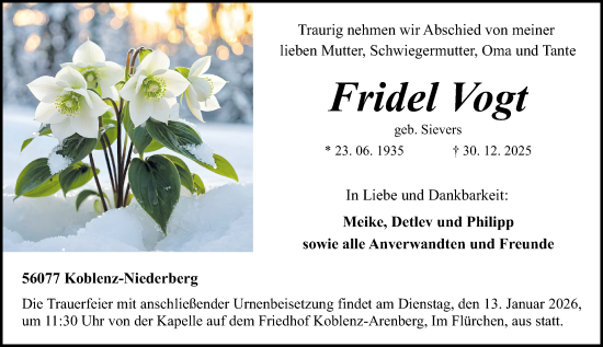 Traueranzeige von Fridel Vogt von Rhein-Zeitung
