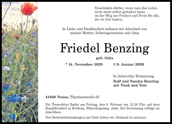 Traueranzeige von Friedel Benzing von Rhein-Zeitung