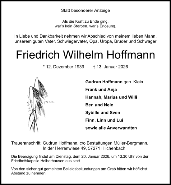 Traueranzeige von Friedrich Wilhelm Hoffmann von Oeffentlicher Anzeiger