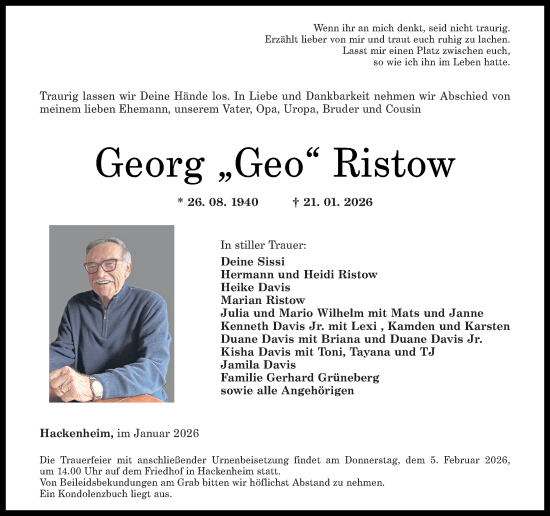 Traueranzeige von Georg Ristow von Oeffentlicher Anzeiger