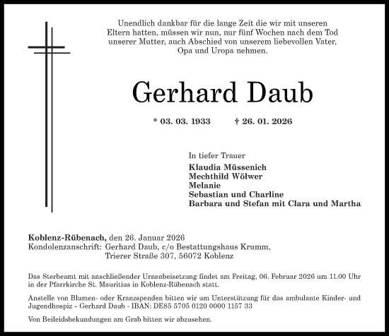 Traueranzeige von Gerhard Daub von Rhein-Zeitung