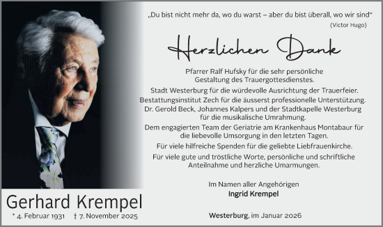 Traueranzeige von Gerhard Krempel von Westerwälder Zeitung, Rhein-Zeitung