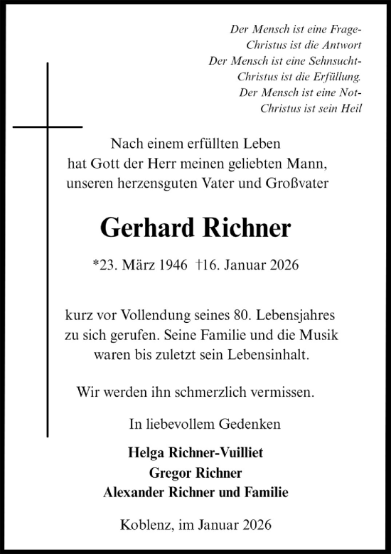 Traueranzeige von Gerhard Richner von Rhein-Zeitung