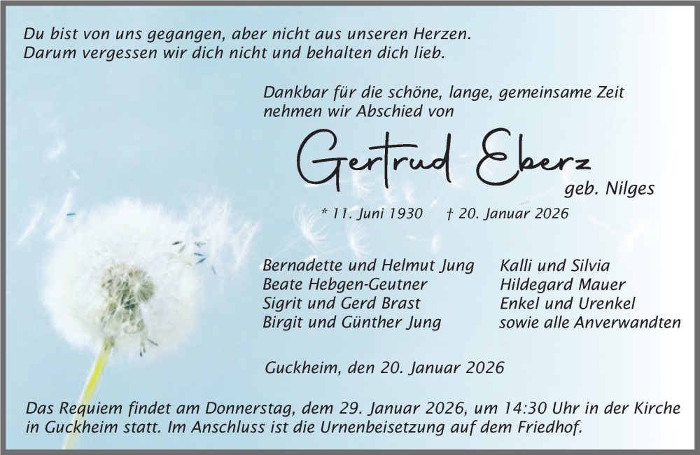  Traueranzeige für Gertrud Eberz vom 24.01.2026 aus Westerwälder Zeitung