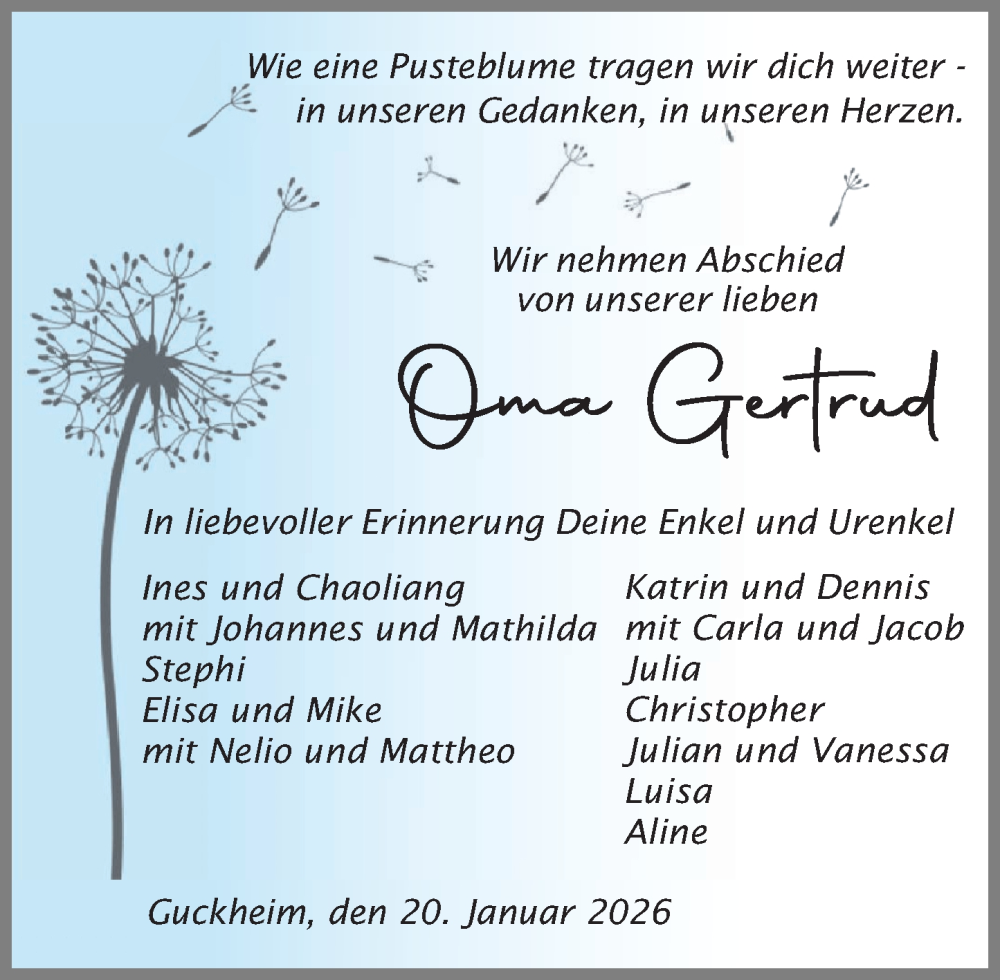  Traueranzeige für Gertrud Eberz vom 24.01.2026 aus Westerwälder Zeitung