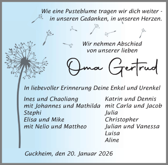 Traueranzeige von Gertrud Eberz von Westerwälder Zeitung