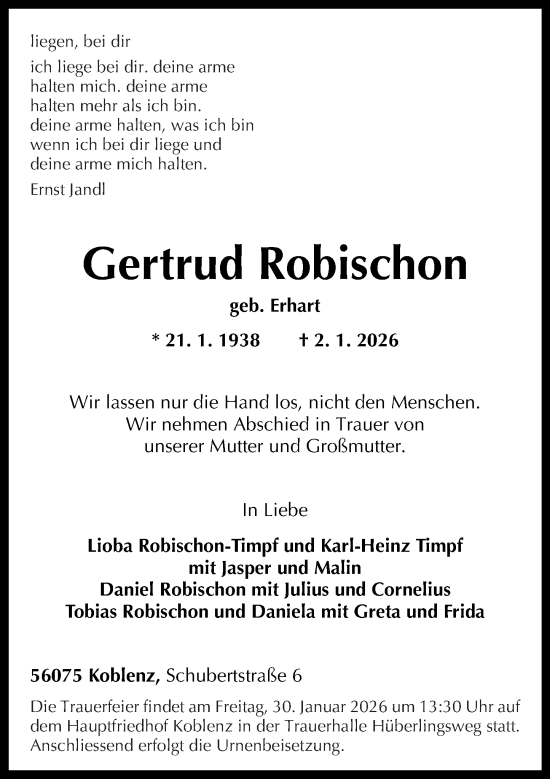 Traueranzeige von Gertrud Robischon von Rhein-Zeitung