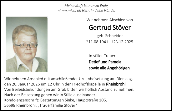 Traueranzeige von Gertrud Stöver von Rhein-Zeitung