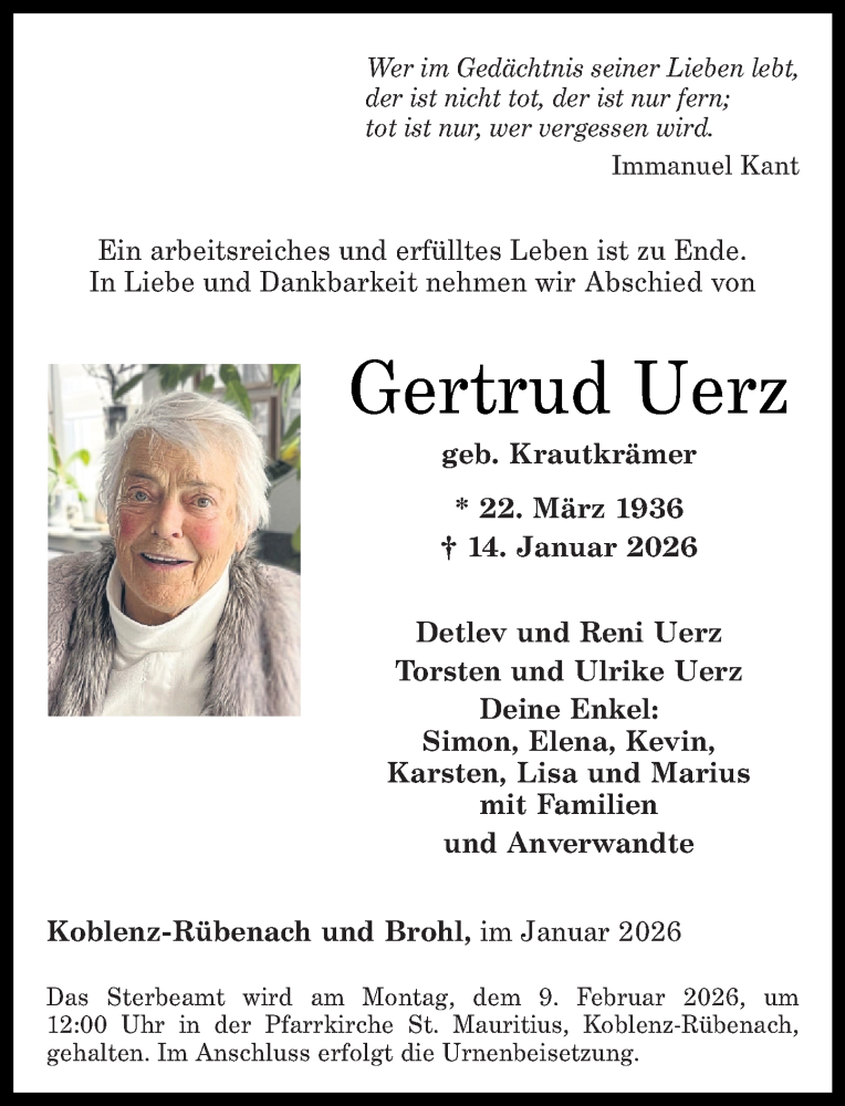  Traueranzeige für Gertrud Uerz vom 31.01.2026 aus Rhein-Zeitung