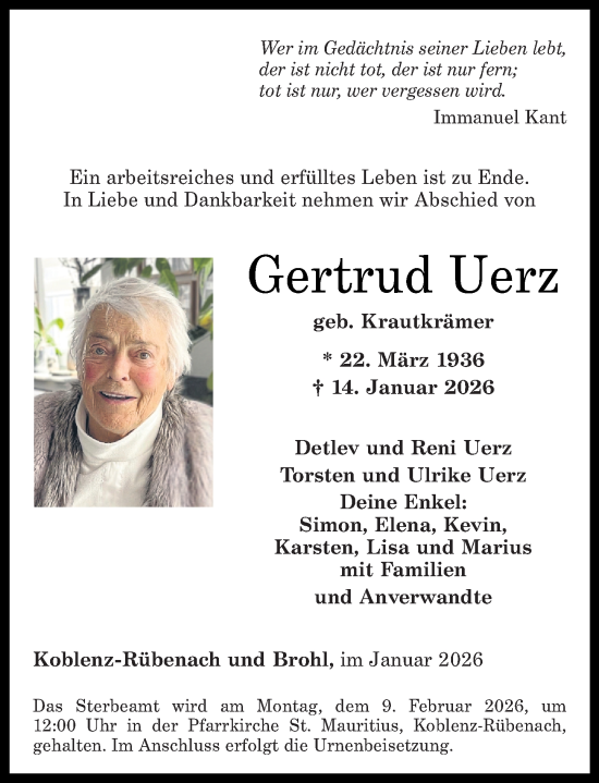 Traueranzeige von Gertrud Uerz von Rhein-Zeitung