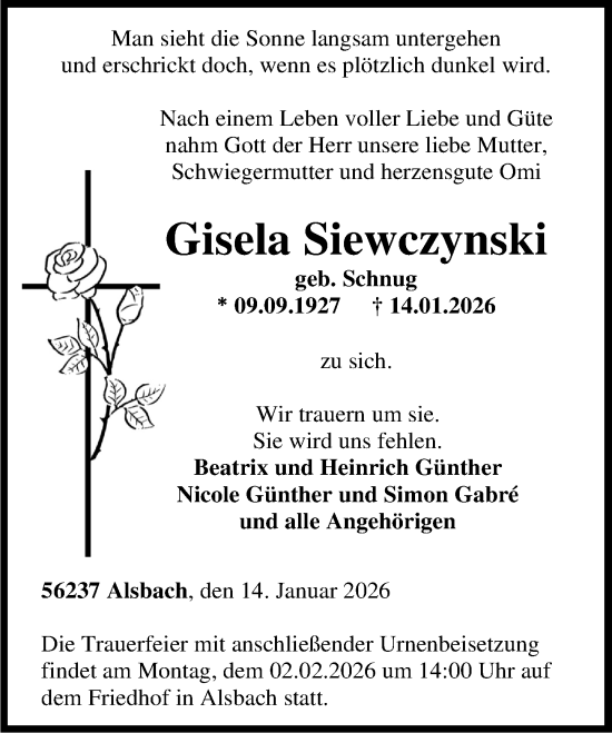 Traueranzeige von Gisela Siewczynski von Westerwälder Zeitung
