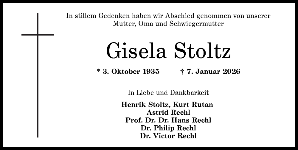  Traueranzeige für Gisela Stoltz vom 17.01.2026 aus Rhein-Zeitung