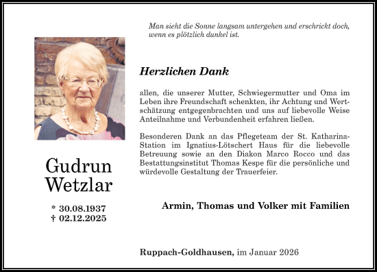 Traueranzeige von Gudrun Wetzlar von Westerwälder Zeitung