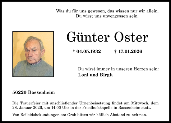 Traueranzeige von Günter Oster von Rhein-Zeitung