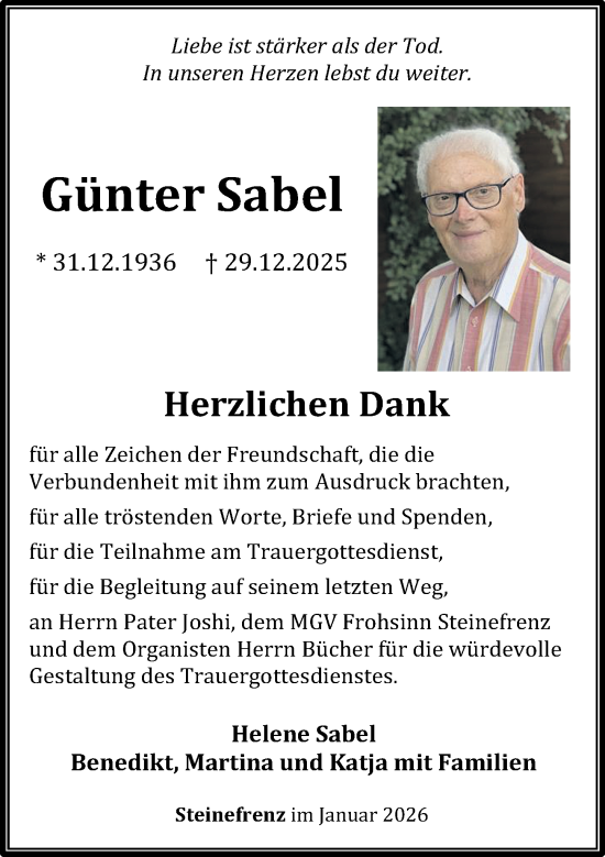 Traueranzeige von Günter Sabel von Westerwälder Zeitung