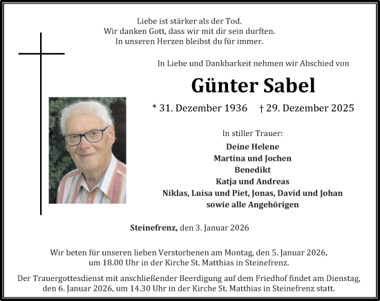 Traueranzeige von Günter Sabel von Westerwälder Zeitung