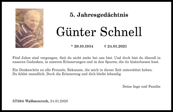 Traueranzeige von Günter Schnell von Rhein-Zeitung