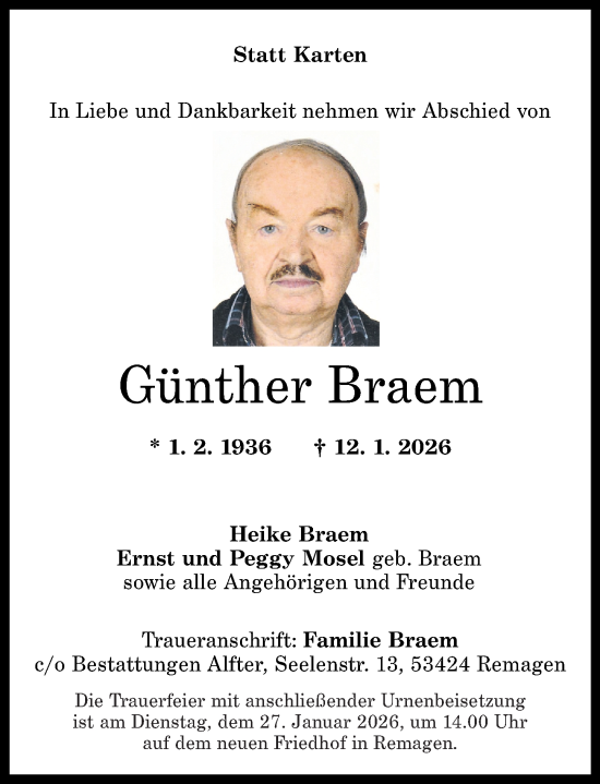 Traueranzeige von Günther Braem von Rhein-Zeitung