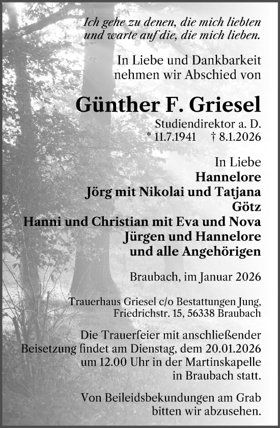 Traueranzeige von Günther F. Griesel von Rhein-Lahn-Zeitung