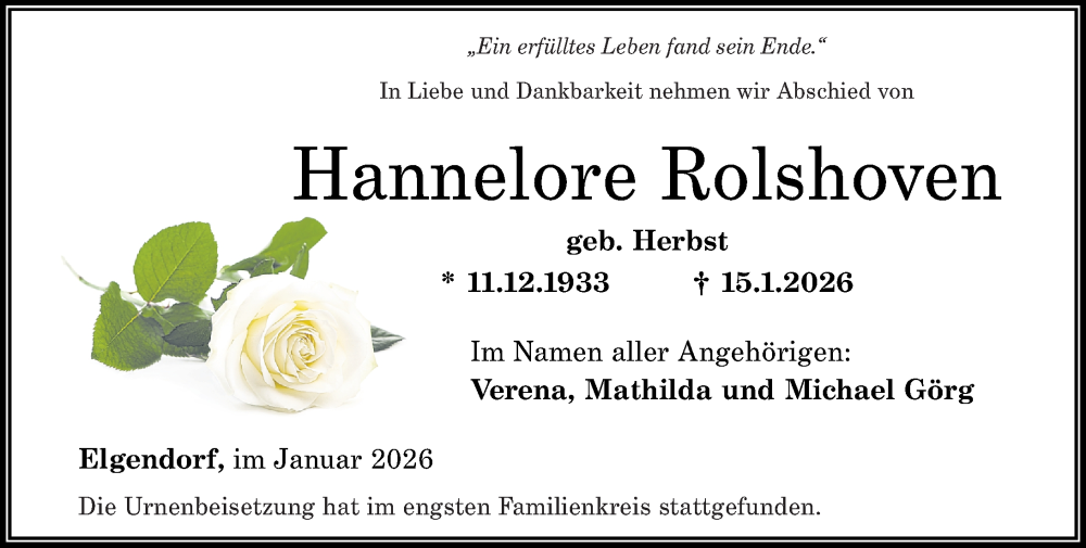  Traueranzeige für Hannelore Rolshoven vom 31.01.2026 aus Westerwälder Zeitung