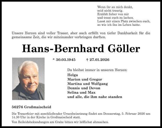 Traueranzeige von Hans-Bernhard Göller von Rhein-Zeitung
