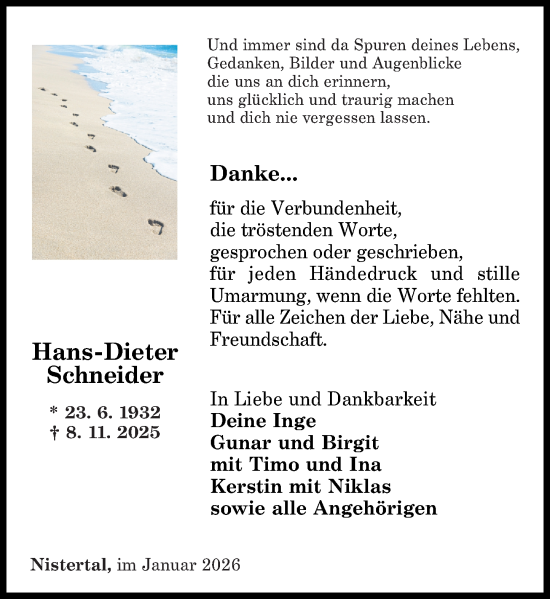 Traueranzeige von Hans-Dieter Schneider von Westerwälder Zeitung