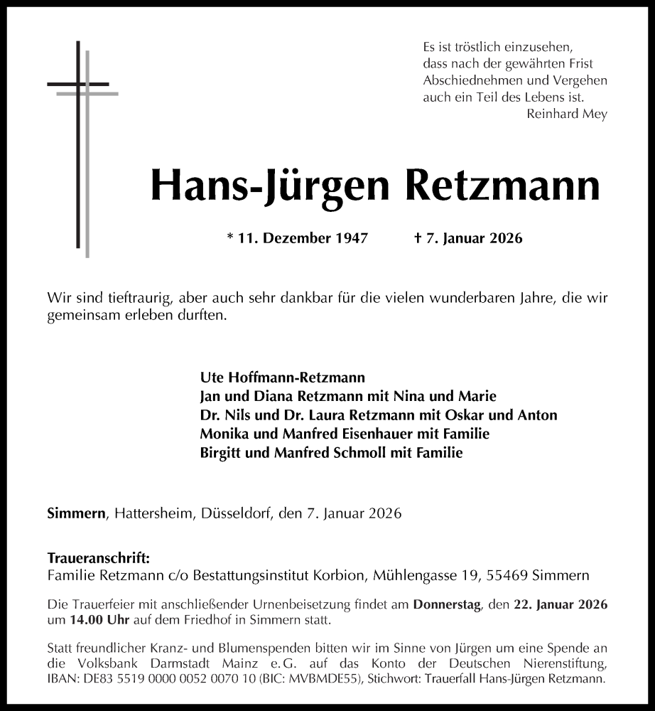  Traueranzeige für Hans-Jürgen Retzmann vom 17.01.2026 aus Rhein-Hunsrück-Zeitung