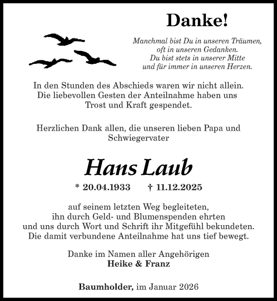 Traueranzeige von Hans Laub von Nahe-Zeitung