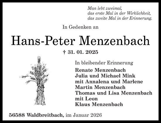 Traueranzeige von Hans-Peter Menzenbach von Rhein-Zeitung