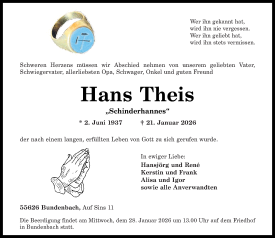 Traueranzeige von Hans Theis von Nahe-Zeitung
