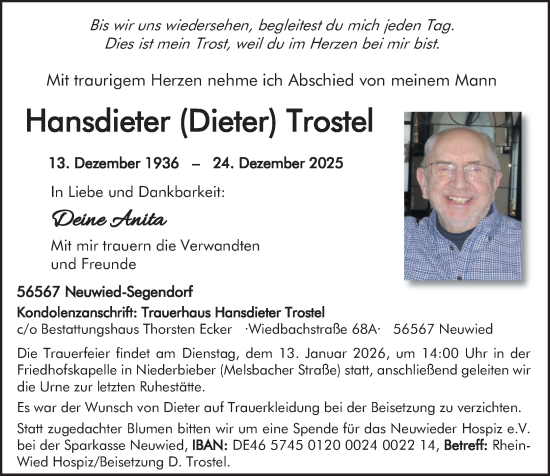 Traueranzeige von Hansdieter Trostel von Rhein-Zeitung