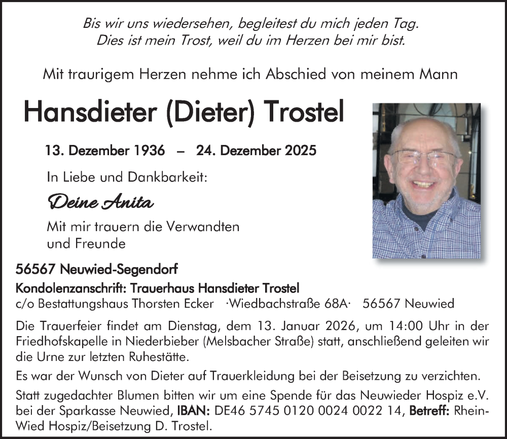  Traueranzeige für Hansdieter Trostel vom 03.01.2026 aus Rhein-Zeitung