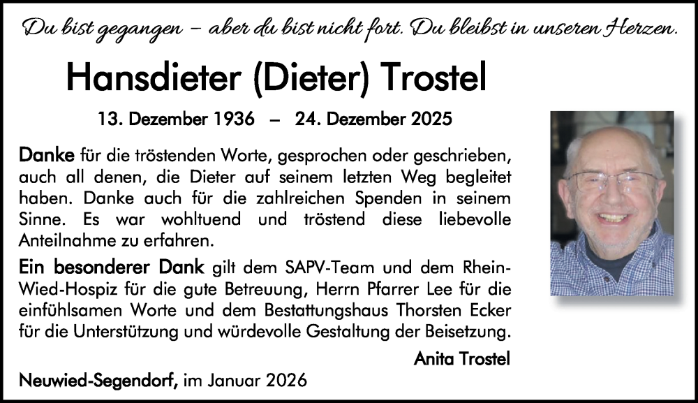 Traueranzeige für Hansdieter Trostel vom 31.01.2026 aus Rhein-Zeitung