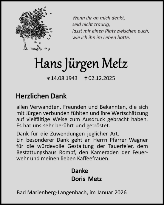 Traueranzeige von Hans Jürgen Metz von Westerwälder Zeitung