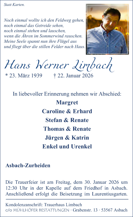 Traueranzeige von Hans Werner Limbach von Rhein-Zeitung