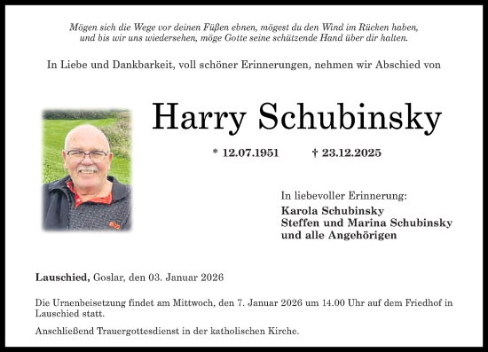 Traueranzeige von Harry Schubinsky von Oeffentlicher Anzeiger